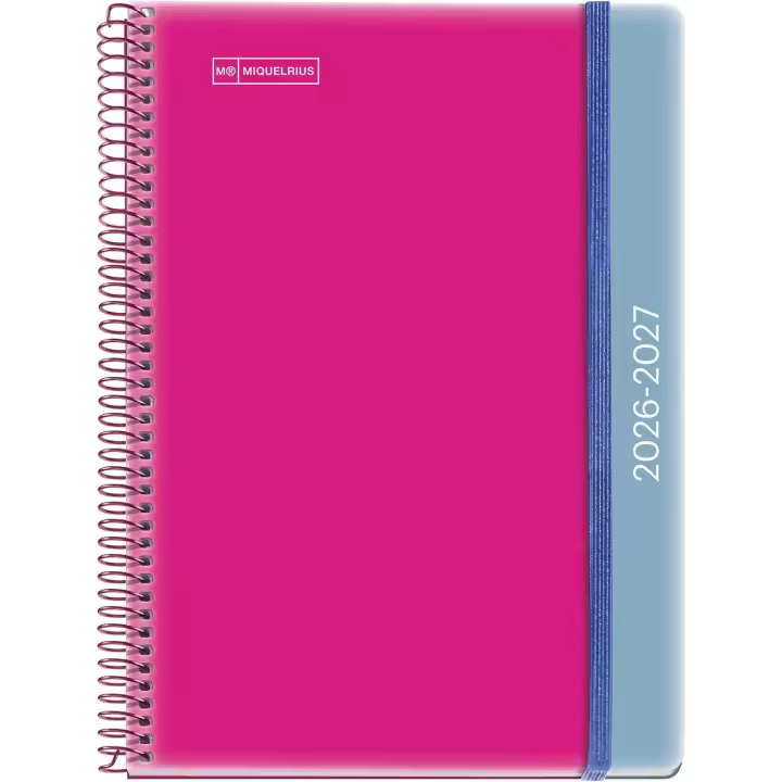 Miquelrius MR21093 Agenda escolar 2026 2027 día página 12 meses, Tamaño A5+ (15×21,3 cm), Polipropileno, Espiral metálico a color, Cierre de goma, Cantos redondeados, Stickers, Castellano, Pink-Blue - 1