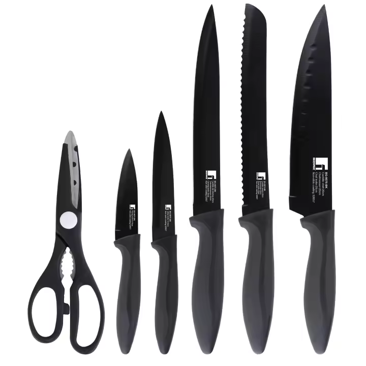 Bergner - Set de 5 cuchillos + tijeras OSAKA de acero inoxidable color negro, incluye chef, deshuesador, pan, utilitario y pelador - 1