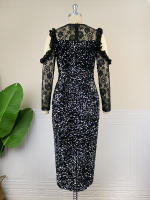 Vestido De Velours Negro AOMEI Para Mujer Con Lentejuelas Y Encaje Manga Larga Vintage Escote Hombro Frío Lujo Brillante Para Fiesta De Noche Y Premios - details 5