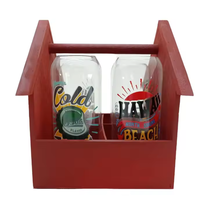 Porta Vasos en Madera en Forma de Casa Roja con 4 Vasos de Cristal Incluidos - 1