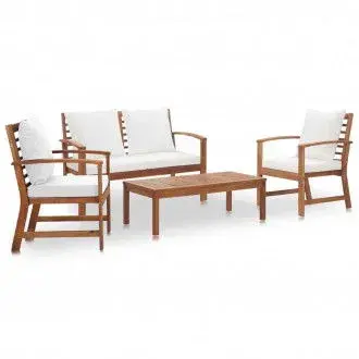 VIDAXL conjunto de jardín de 4 piezas de mesa con banco y sillas de acacia y cojines blanco - 1
