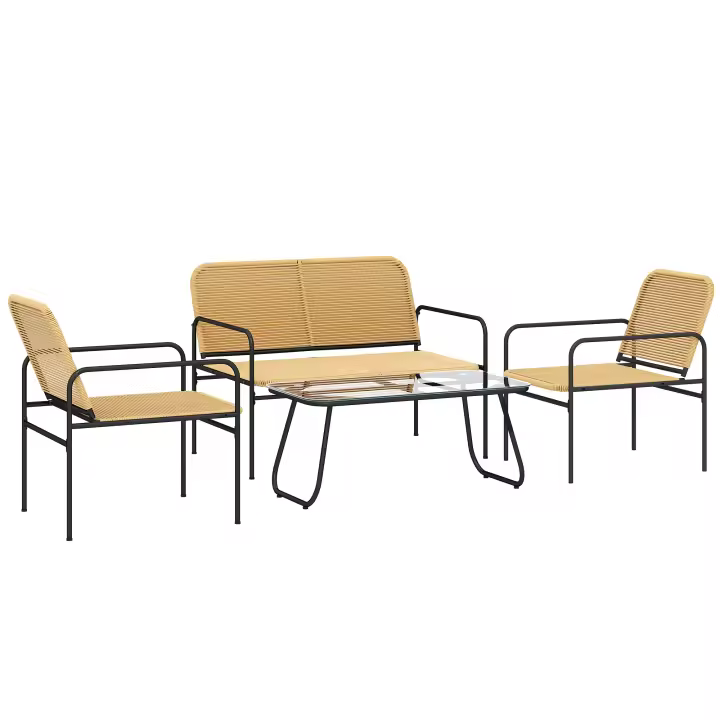 Outsunny Conjunto Jardín Exterior de Ratán Conjunto Terraza Resistente a la Intemperie Muebles Jardín Exterior con 2 Sillones Sofá de 2 Plazas y Mesa de Tablero de Vidrio Templado Natural - 1