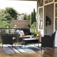Conjunto de muebles de jardín en ratán, sofá 2 plazas, 2 sillones individuales y una mesa de centro con tapa de vidrio, muebles de patio de mimbre, elegante diseño en marrón y topo - details 9