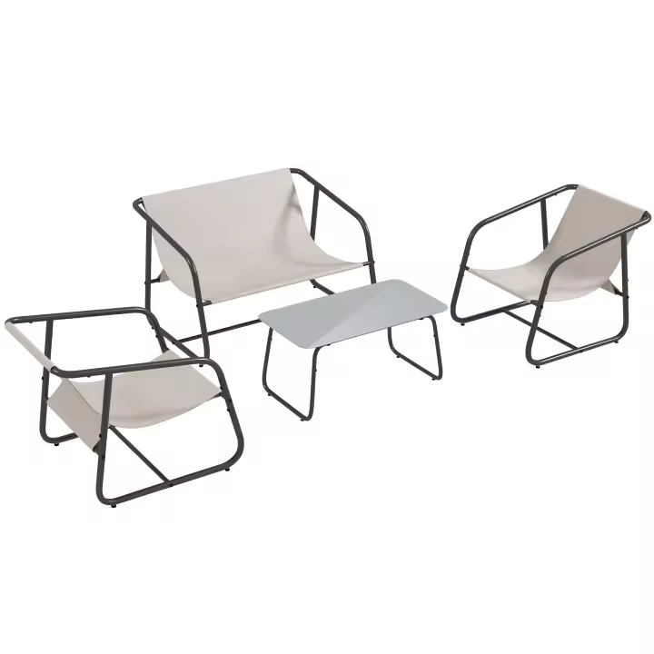 Outsunny 4 uds. Juego de muebles de jardín, grupo de asientos con 2 sillones, 1 biplaza, 1 mesa de centro de vidrio templado, muebles de jardín para balcón, terraza, malla, crema - 1