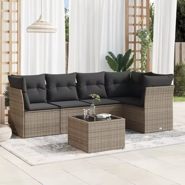 vidaXL Set de muebles de jardín 6 pzas y cojines ratán sintético gris - 1
