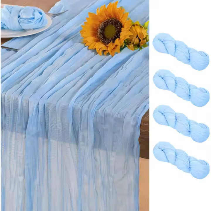 Baby Blue Cheesecloth Table Runner 4 Pack Summer Sheer Light Blue Cheese Cloth Table Runners Boho Gauze 120 Inches Gauze Summer Table Decorations for Wedding Bridal Baby Boy Shower Birthday - 1
