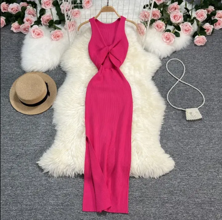 Vestido Bodycon Elegante Para Mujer YuooMuoo Verano 2025 Knit Dos Lados Disponibles Con Abertura Larga Vestido De Fiesta Casual De Cintura Empire Sin Mangas - 1