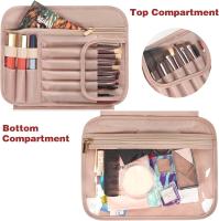 Bolsa de viaje de cuero artificial de moda, estuche de cosméticos de varios compartimentos con gancho rotativo de 360°, resistente al agua, ligero, plegable, doble asa, cierre de cremallera, fácil de limpiar - details 1