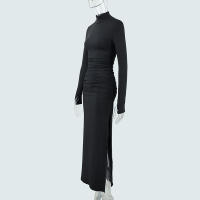 Vestido Largo De Otoño Para Mujer En Negro Con Cuello Alto Y Manga Larga Vestido Frock De Corte Slim Con Abertura Lateral Y Doblez En La Cintura - details 6