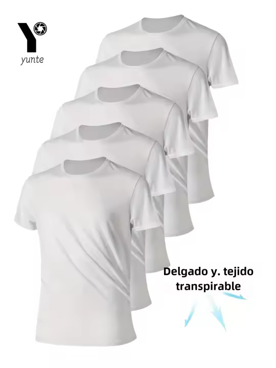 Camiseta De Hombre Ultra-Ligera Blanca 5 Piezas Cuello Redondo Transpirable Secado Rápido Absorbedora De Sudor Para Gimnasio Y Fitness - 1