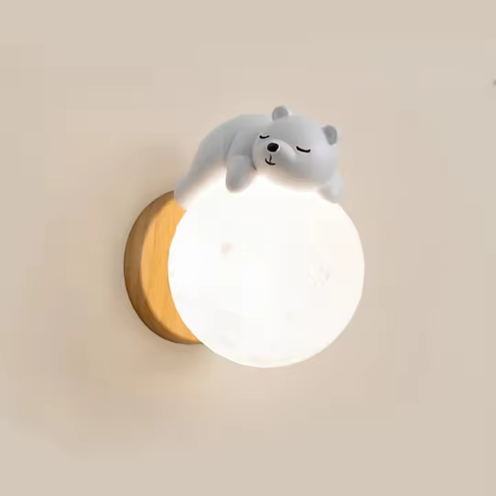Lámpara De Pared Moderna Creativa Oso Dormido Luna Ambiente Nocturno Para Habitación De Niños Y Niñas Lámpara De Noche Incluida Fuente De Alimentación AC Material Resina Y Madera - 1