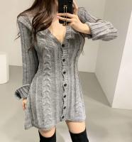 Vestido De Suéter Para Mujer Con Manga Larga Tejido En Cable Botón Abajo Mini Vestido A-Line Casual Para Otoño E Invierno Chic - details 0