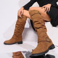 Botas De Rodilla Altas Cómodas Y Elegantes Con Diseño Redondo Y Hebilla Cierre Fácil Para Mujer Estilizada Con Forro De Peluche Material De La Parte Superior De Terciopelo Suave Para Uso Casual - details 19