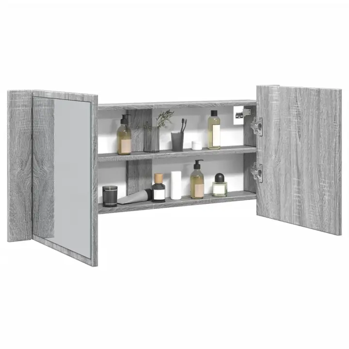 vidaXL Armario de baño con espejo y luz LED 100x12x45 cm en color Gris sonoma/Roble ahumado/Blanco y más | almacenamiento funcional diseño moderno para baño dormitorio sala - 1