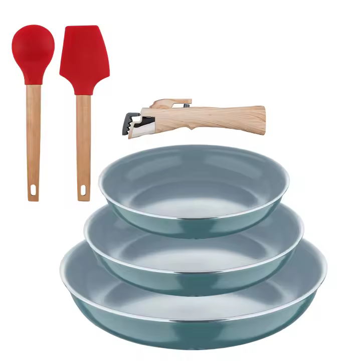 Bergner Click&Cook Juego de 3 Sartenes Ø18Ø20Ø24cm Aluminio prensado reciclado Verde con Mango extraíble+Delantal de Cocina Gris oscuro 100% Algodón - 1
