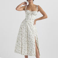Vestido De Playa Para Mujer Con Estampado Floral Cuello Cuadrado Ajuste Frontal Y Abertura En Pierna Midi Polyester Sin Mangas Vestido De Noche - details 60