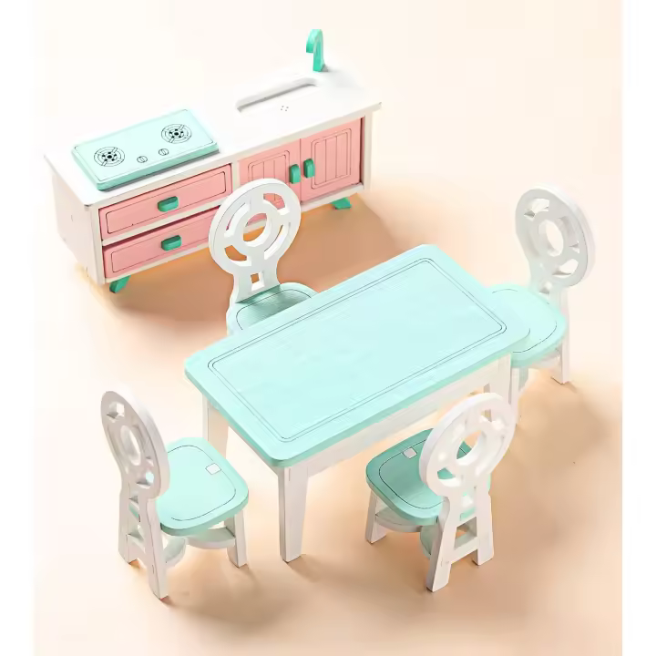Muebles de madera para casa de muñecas en miniatura, accesorios para casa de muñecas, accesorios para comedor, incluidas sillas de mesa y gabinetes de cocina, escala 1/12 - 1