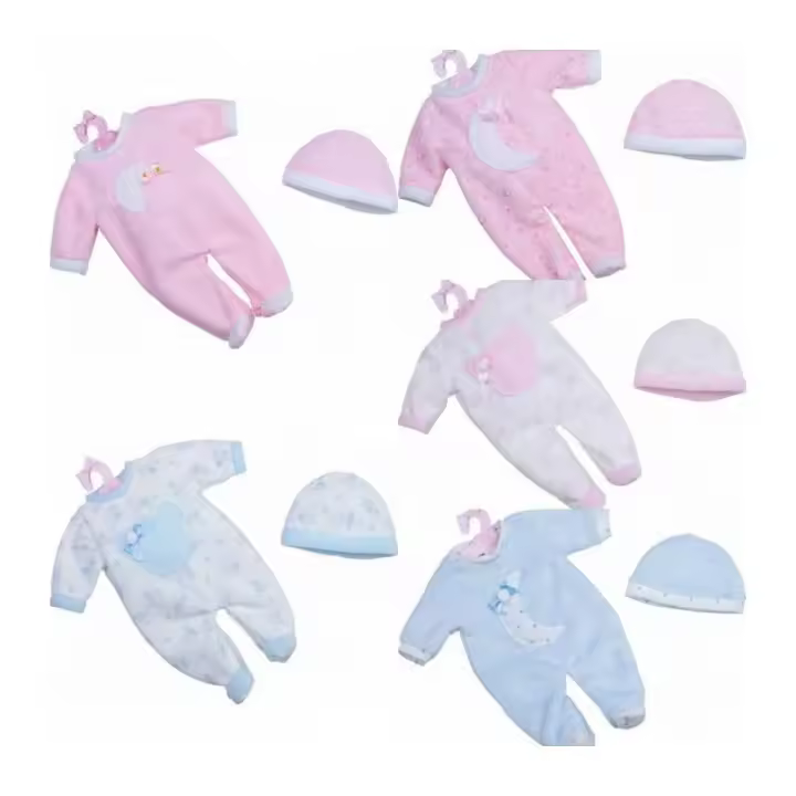 Trajes Muñeca Bolsa Rosa - 4 Modelos Diferentes - Pijamas con Estampado de Lunares y Ositos - Gorrito a Juego - 1