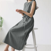 Vestido Largo De Verano Para Mujer Estilo Vintage De Algodón Y Lino Cuello Redondo Sin Mangas Cinturado Talla Grande Casual - details 19