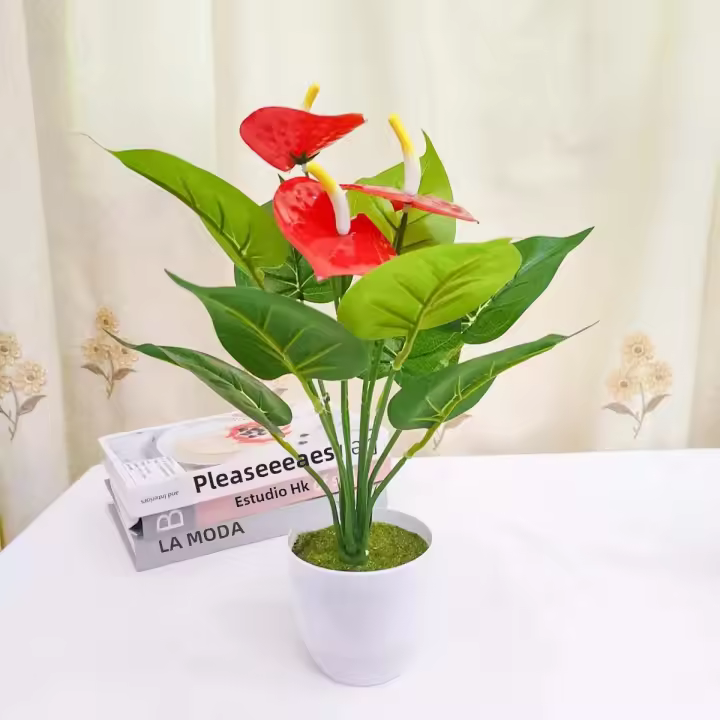 1PC Flores Artificiales De Palma Roja Texturizada Decoración Para Sala De Estar Y Mesas Plantas Verdes Y Rojas De Resina Para Fiesta - 1