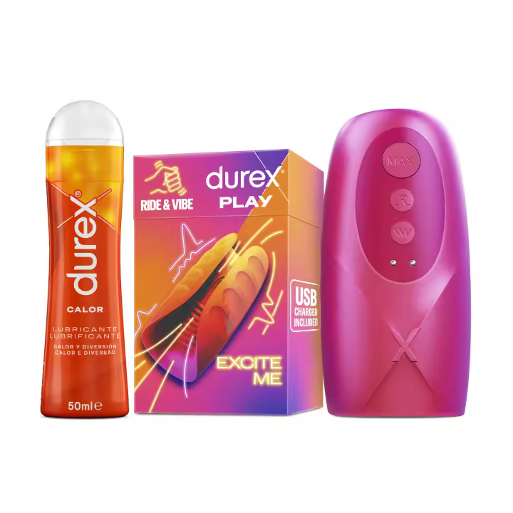 Durex - Masturbador de Pene, Vibrante y Suave, RIDE & VIBE + Lubricante Efecto Calor 50 ml, Texturizado, Estriado, Juguete Sexual, Resistente al Agua - 1