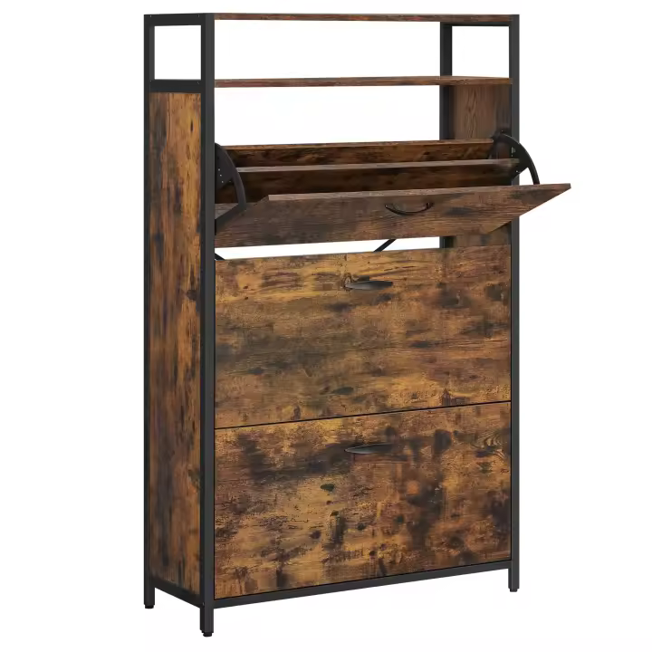 Zapatero con 3 Compartimentos y Estante Abierto - Mueble Ahorra Espacio para 15-24 Pares de Zapatos, 80x30x130 cm, Marrón Rústico y Negro - 1