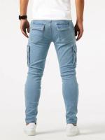 Pantalones De Mezclilla Ajustados Para Hombre Estilo Calleje Con Múltiples Bolsillos Y Cierre De Cremallera Jeans De Color Sólido Casual Para Uso Diario - details 2