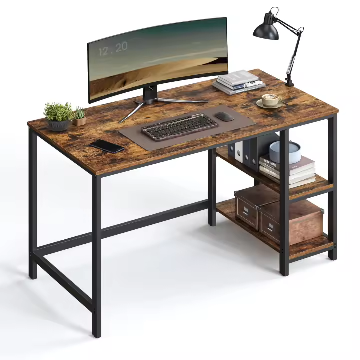 Escritorio, Escritorio con 2 Estantes a la Izquierda o a la Derecha, Mesa de Trabajo, para Salón Oficina, Estructura de Acero, Industrial, Marrón Rústico y Negro Tinta LWD47X - 1