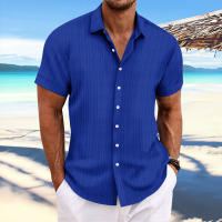 Camisa Casual De Hombre De Algodón Y Lino Con Rayas Jacquard Verano Cómoda Corta Color Sólido Moda Cierre Único Estilo Turn-down Collar - details 3