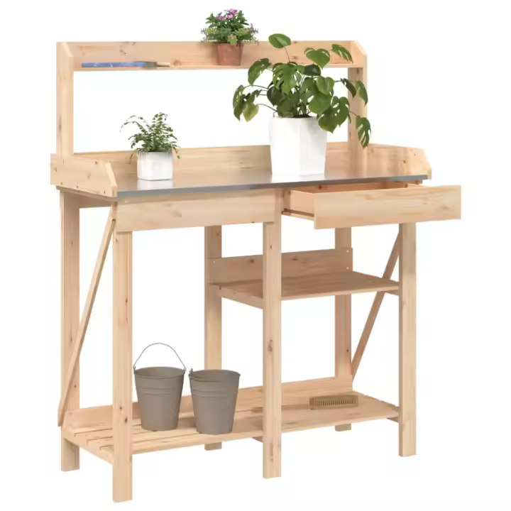 Banco para macetas con estantes de madera maciza de abeto - 1