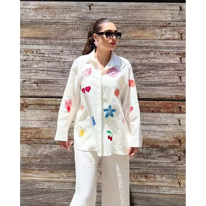 Nuevo conjunto bordado de manga larga, elegante conjunto de camisa de dos piezas con botones y cómodo. - 1