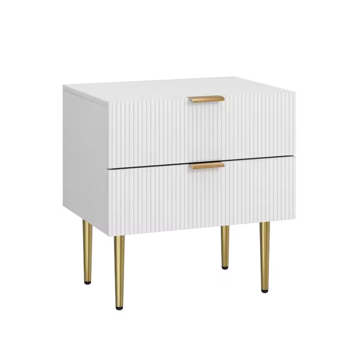 Mesita de noche para dormitorio, Mesita de noche Blanca con diseño, Mesita de noche Moderna, Pitas metálicas. - 1