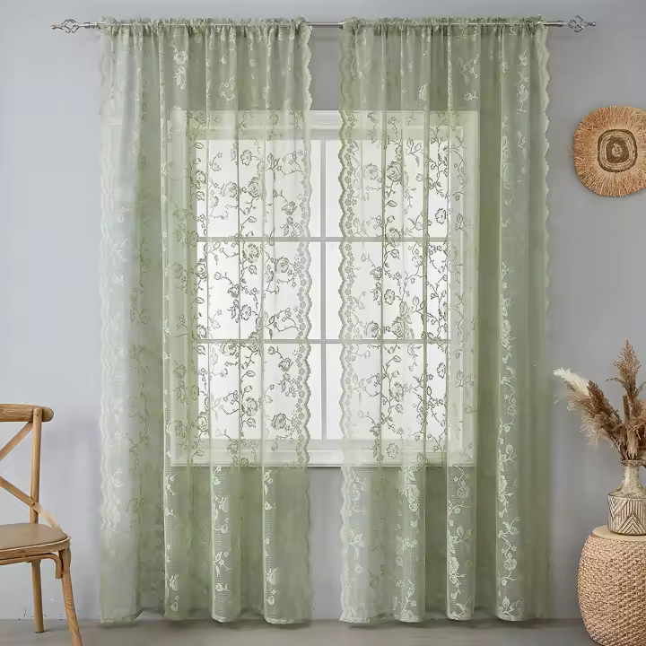 Cortinas transparentes de color verde salvia de 132 x 245 cm de largo, 2 paneles, cortinas transparentes de encaje con patrón floral rústico de punto para dormitorio y sala de estar, cortinas de privacidad con bolsillo para varilla - 1
