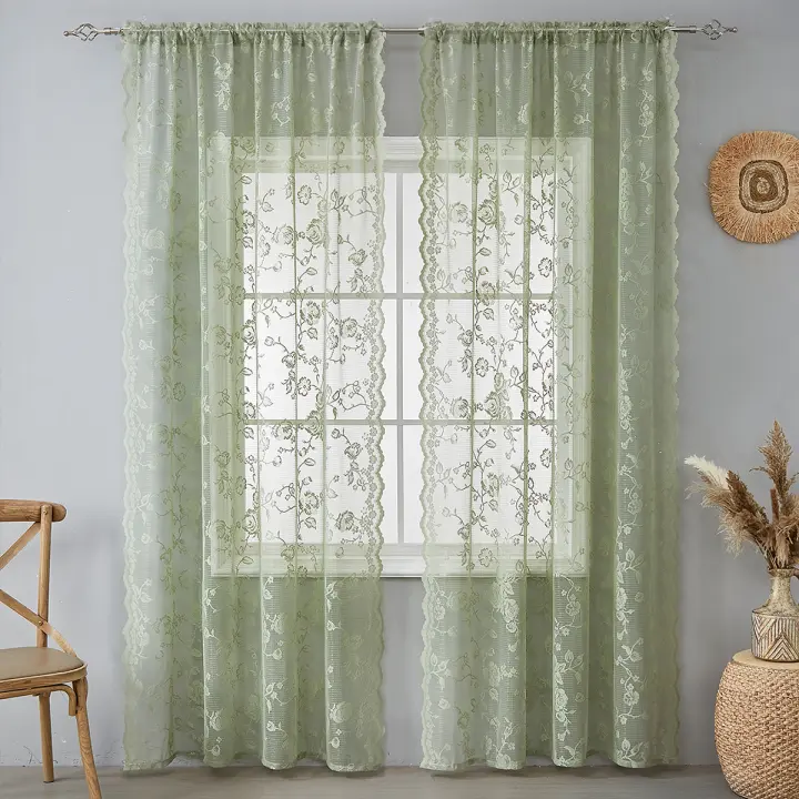 Cortinas transparentes de color verde salvia de 132 x 245 cm de largo, 2 paneles, cortinas transparentes de encaje con patrón floral rústico de punto para dormitorio y sala de estar, cortinas de privacidad con bolsillo para varilla - 1