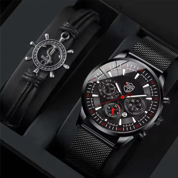 Reloj De Hombre Negro Con Calendario Cuerda De Acero Inoxidable Estilo Casual Moda Reloj De Pulsera Quartzo Con Pulsera De Hombre - 1