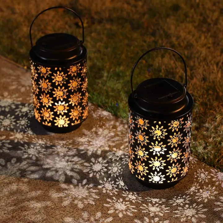 Linterna solar automática Solar al aire libre jardín 30cm altura decoración llama efecto seguro y hermoso impermeable forjado N para jardín, patio, Veranda, césped, patio, fiesta (patrón de flores) - 1