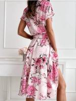 Nuevo Vestido De Verano Para Mujer Con Estampado Floral Cuello V Manga Corta Elegante Con Botones Y Cinturón Estilo Bohemio Midi - details 6