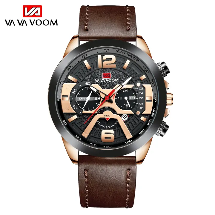 Reloj De Pulsera Cronógrafo Pilot Calendar Para Hombre Estilo Casual Marca VA VA VOOM Correa De Cuero Marrón Deportivo Militar Resistente Al Choque Y Al Agua Movimiento Cuarzo - 1
