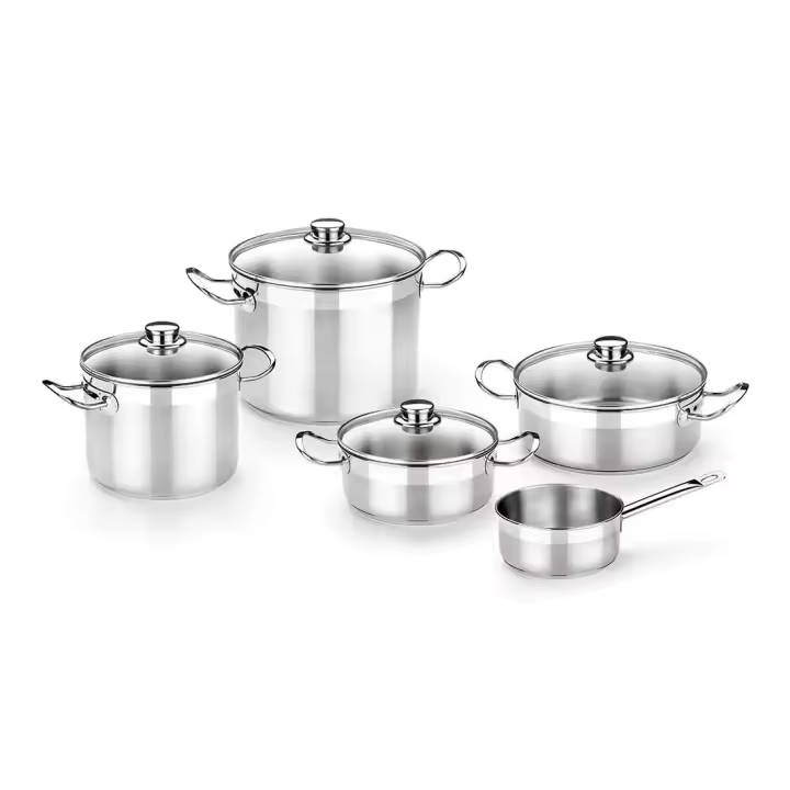 Bra - Batería de Cocina 5 Piezas Profesional con Tapa de Cristal, Acero Inoxidable, Apta Inducción, 2 Cacerolas, 1 Cazo, 2 Ollas Altas - 1
