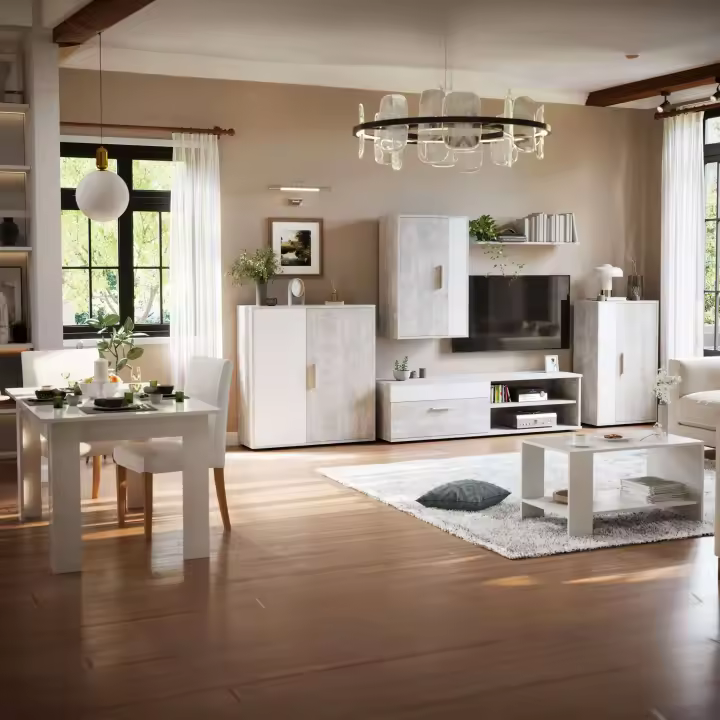 Pack Muebles de Salón Kolm Comedor Blanco y Gris Cemento - 1