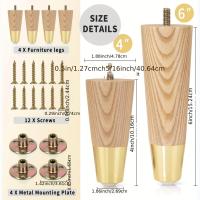 Juego De 4 Piezas De Pies De Madera Para Muebles Con Tapones Dorados Estilo Mid-century Para Sofás Sillas Mesas Armarios Camas Armarios - details 2