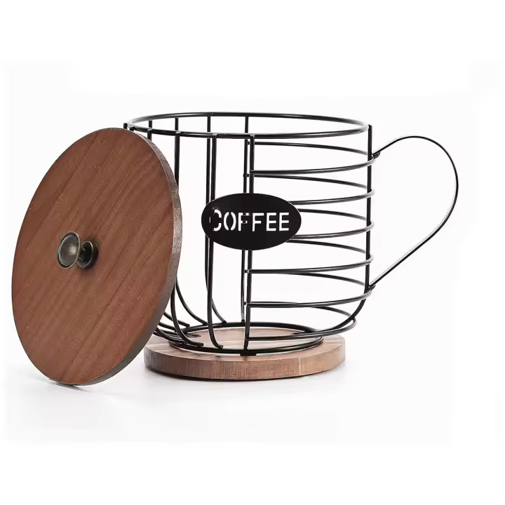 Soporte rústico para cápsulas de café, almacenamiento de tazas K con tapa de madera, cesta de café redonda, decoración para encimera de cocina - 1