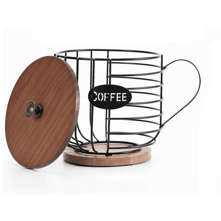 Soporte rústico para cápsulas de café, almacenamiento de tazas K con tapa de madera, cesta de café redonda, decoración para encimera de cocina - 1