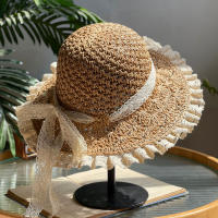 Sombrero De Paja Plegable Con Borde De Encaje Para Mujer Sombrero De Sol Con Lazo Bonito Para Vacaciones Y Playa - details 3