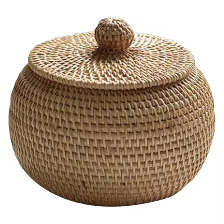 Cesta De Almacenamiento De Rotura De Rattan Natural Con Tapa Cesta De Frutas Redonda Y Ligeras Cesta De Almacenamiento De Mano Para El Hogar Caja De Aperitivos - 1