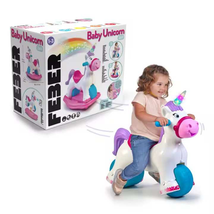 FEBER - Baby Unicorn, Correpasillos con Forma de Unicornio, 2 en 1 Correpasillos y Balancín, Inluye Sonido de Relinche y Trote, Desarrolla Capacidades Psicomotrices, Niños +3 años, Famosa (FED35000) - 1