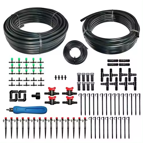 DRIPALIA - Kit riego goteo: 50m tubería 16 c/goteros 4L a 33 cm + 25m lisa +15 m microtubo+15 goteros c/estaca+83 accesorios+1 sacabocados - 1
