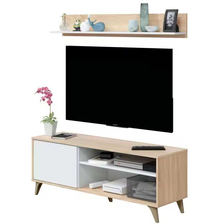 Mueble Tv Kikua Plus 135 cm con estante color Roble y Blanco Salón Comedor - 1