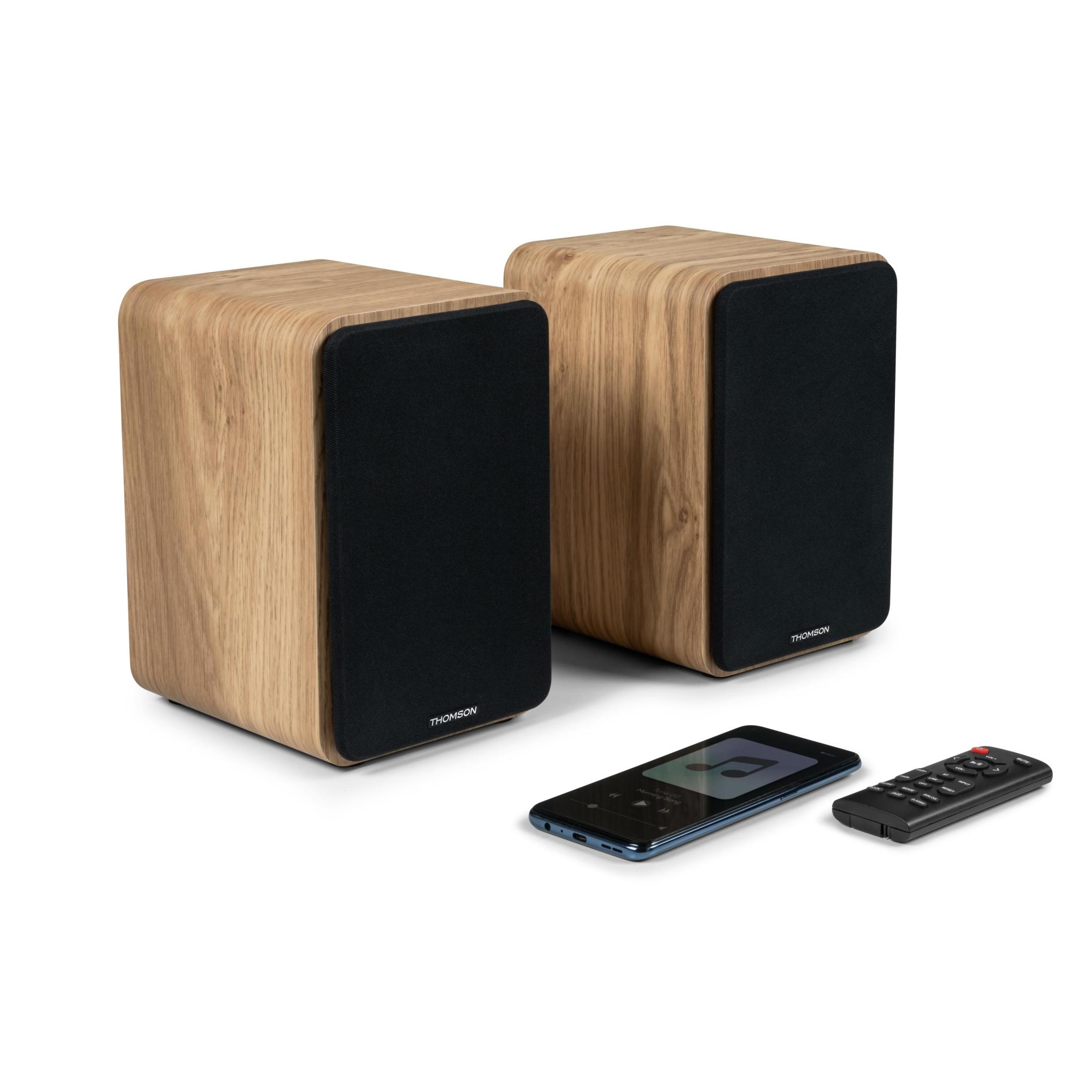 Thomson WS602DUO Altavoces Juego de 2 altavoces con caja de madera - 100W - Bluetooth 5.0 - 2 salidas RCA - Madera clara