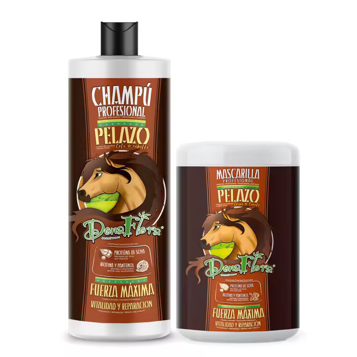 Pack Dona Flora Pelazo Total: Champú 1000ml + Mascarilla Capilar 1000ml - Fortalecedor con Cola de Caballo, Biotina, y Pantenol - Potencia el Brillo y el Crecimiento - Vendido por Beauty World Distributor - 1